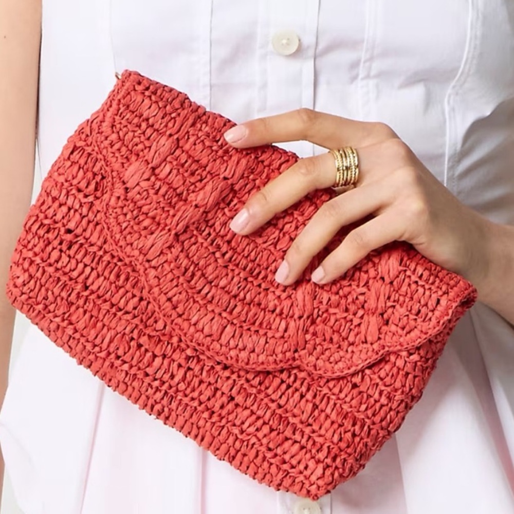 J. Crew Red Woven Scalloped Clutch with Chain - Picture 3 of 9